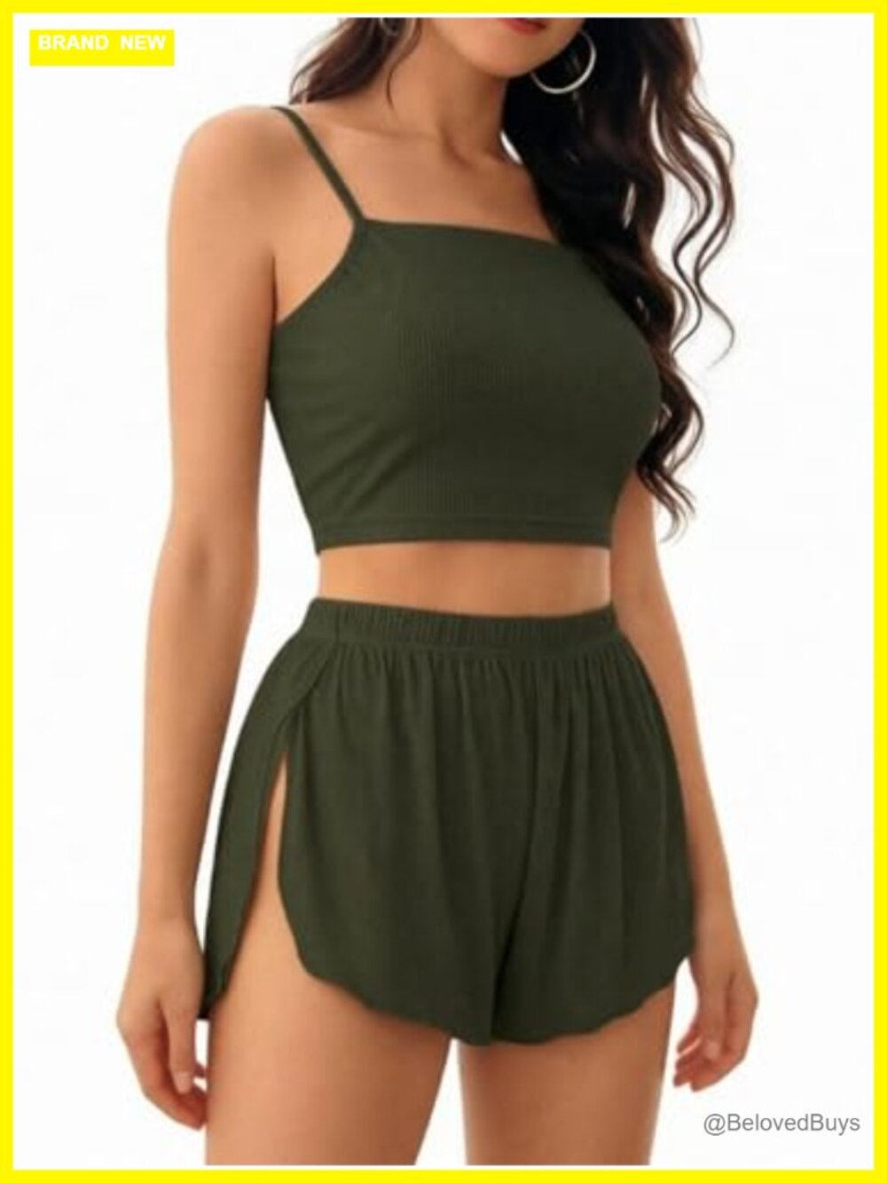 Womens 2 Piece Pajama Set Side Split Wide Leg Shorts Lettuce Trim Lounge